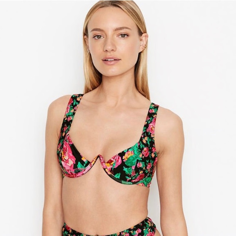 NWT For Love & Lemons Floral Bikini Top Size Extra Small‎ XS Black Pink